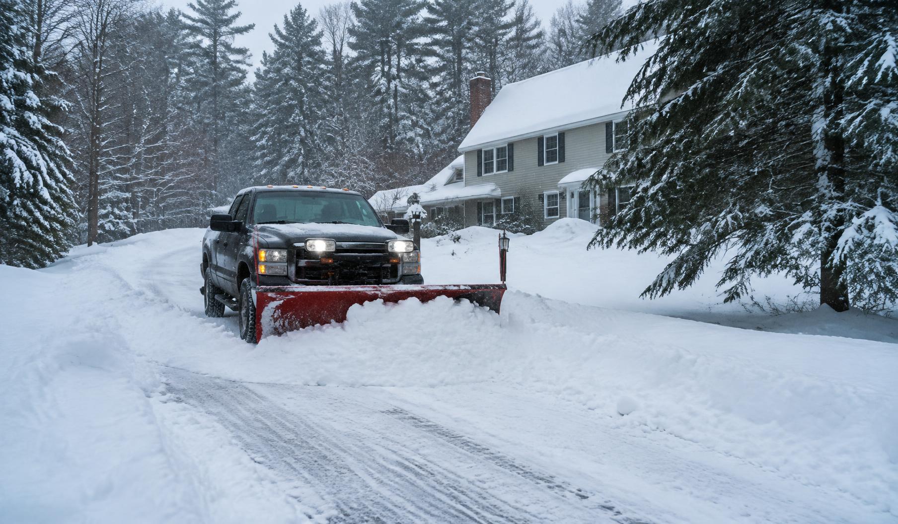 Snow plow truck pushing snow during a New Hampshire winter storm